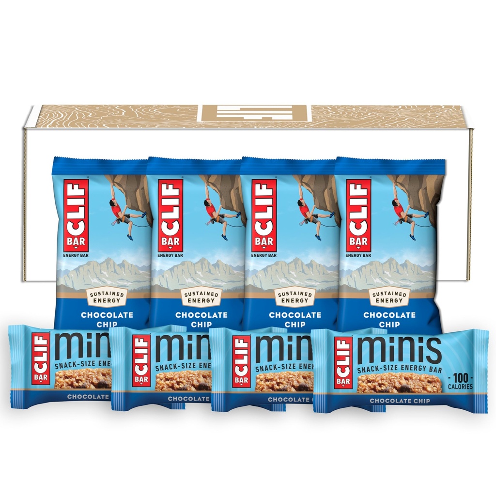 CLIF BAR - Chocolate Chip - Full Size and Mini Energy Bars - Made with Organic Haver - Non-GMO - Plant Based - 2.4 oz. en 0,99 oz. (20 Tellen)
