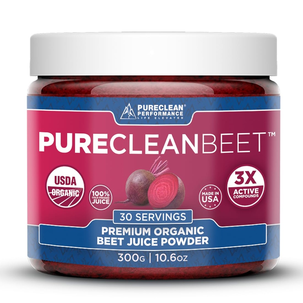 PureClean Beet Premium Beet Juice Powder - 100% Organic Nitric Oxid Support for Clinically-Proven 3X Greater Circulation, Endurance & Energy - Proudly Cold-Pressed, Eco Friendly, USA - 30 Servings