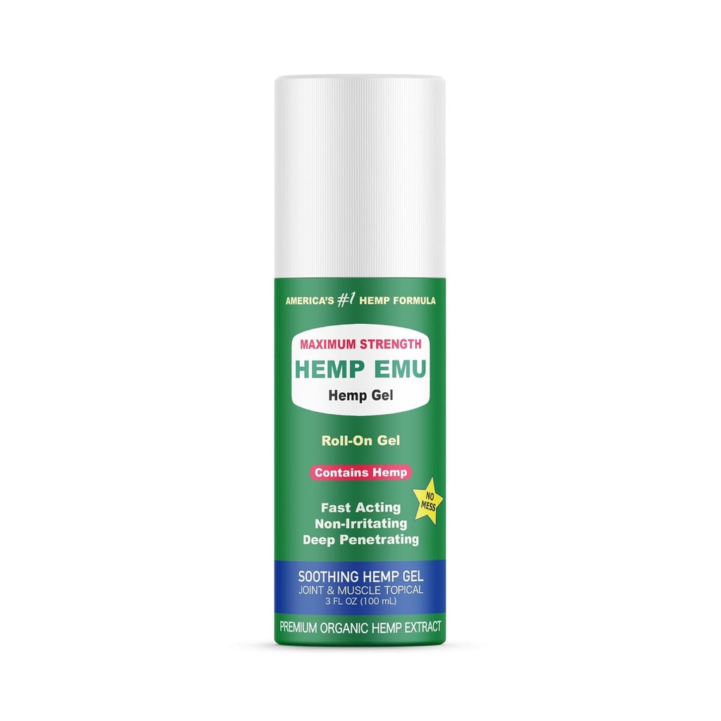 Hennep Emu - Hennep Roll On Gel - Muscle Rub for Back & Joint Discomfort - Soothing Gel with Organic Hemn Oil, Emu Oil, Menthol, Eucalyptus, Aloë Vera