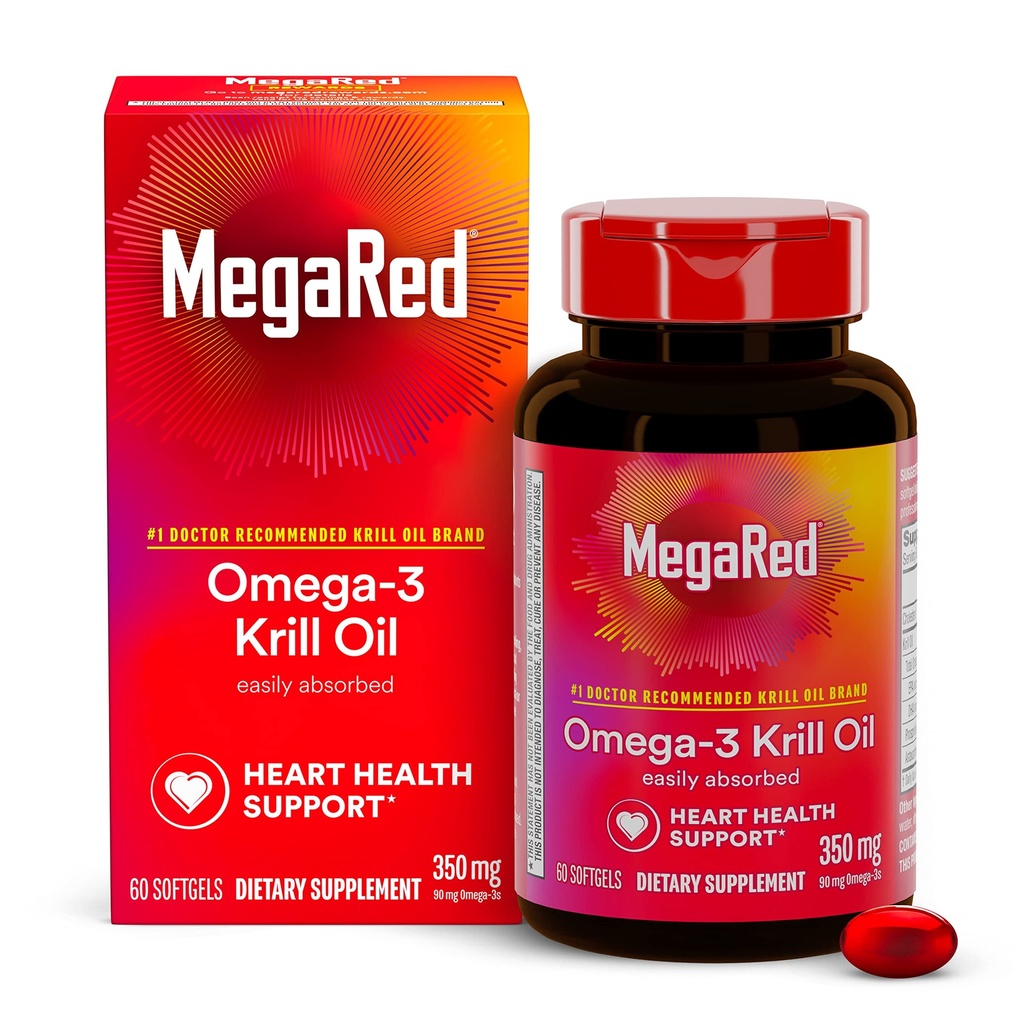 Omega-3 Krill Oil 350mg Softgels, MegaRed (60 Compte dans une bouteille), EPA & DHA Omega-3 Acides gras sans arrière-goût de poisson Contrairement à l'huile de poisson, contient de l'astaxanthine antioxydante