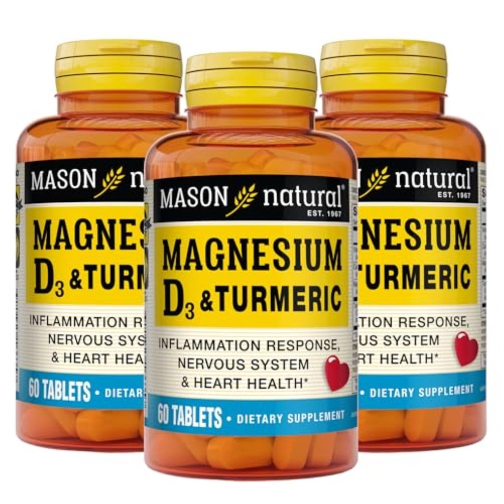 MASON NATURAL Magnésium et vitamine D3 avec curcuma, 180, jour d'approvisionnement, supplément alimentaire pour le soutien quotidien du bien-être, 60 comprimés (paquet de 3)