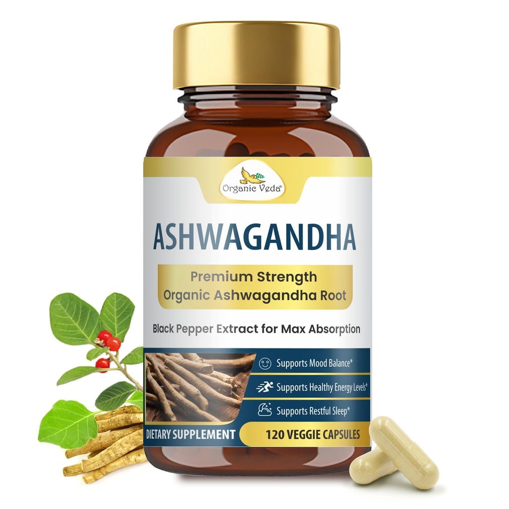 Biologische Veda Ashwagandha Capsules, 2000mg - 100% Pure Ashwagandha Root Supplement met Black Pepper Extract voor maximale absorptie - Boost Energy, Adrenal, Immunity & Mood - Vegan - 120 Tel.