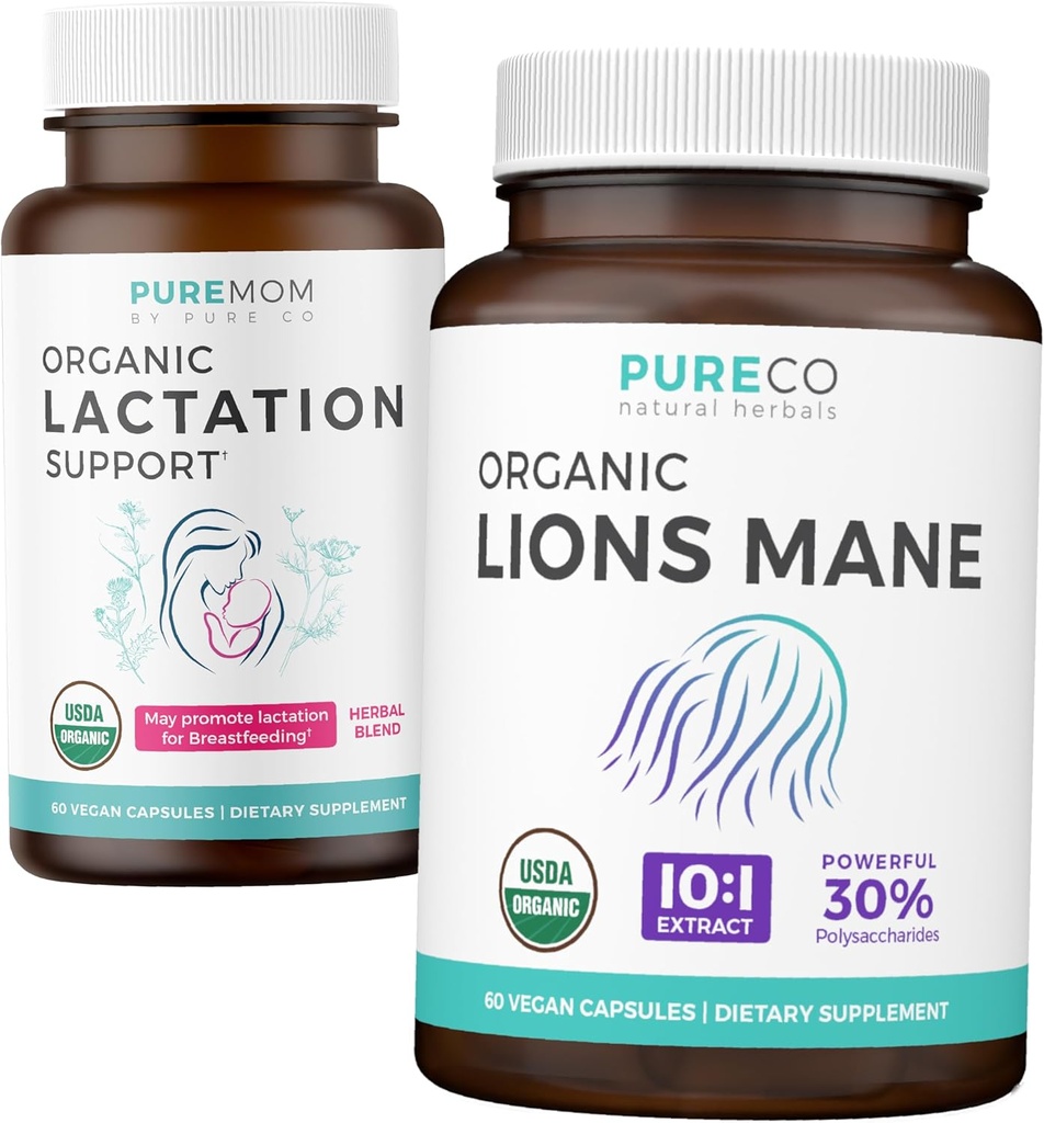 Borstvoeding Support & Lions Mane (1-maandvoorraad) Moeders Mind Bundle of Organic Borstvoeding Support - Aid for Nursing Mothers (60 Capsules) & Organic Lions Mane Mushroom 10:1 Extract (60 Capules)