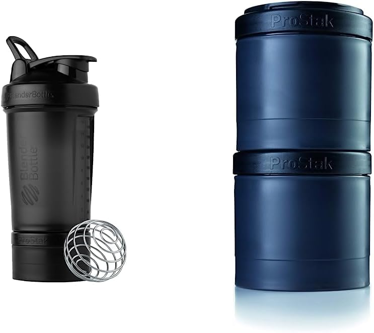 BlenderButtle Shaker Bottle met pil Organizer en opslag voor Protein Powder, ProStak System, 22 Ounce, Midnight Black & ProStak Twist n' Lock Storage Jars Uitbreiding 2-Pak met Pillenbak, All Black