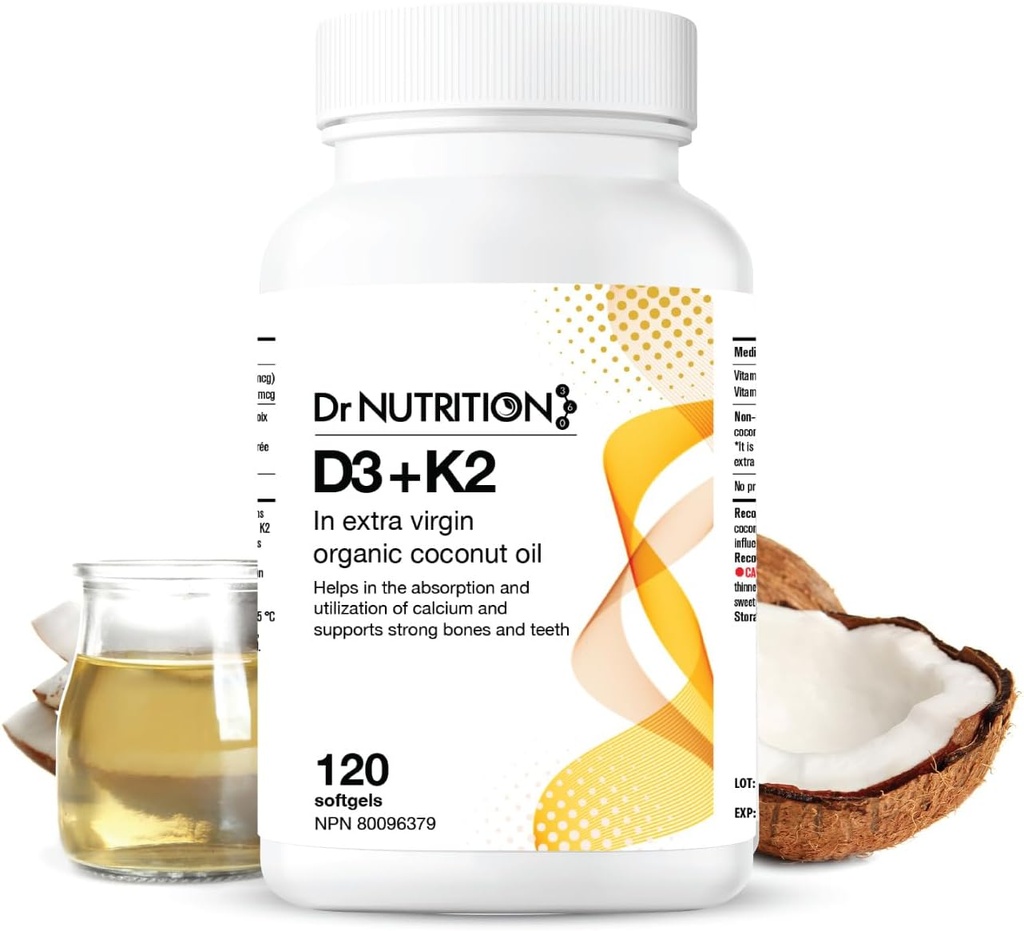 Vitamine D3 + K2 in biologische kokosolie, vitamine K2 MK7 + D3 (1000IE), snelle bot- en hartgezondheidsformule, helpt absorberen en gebruik maken van calcium, ondersteunt immuniteit, verbetert Mood - 120 Softgels