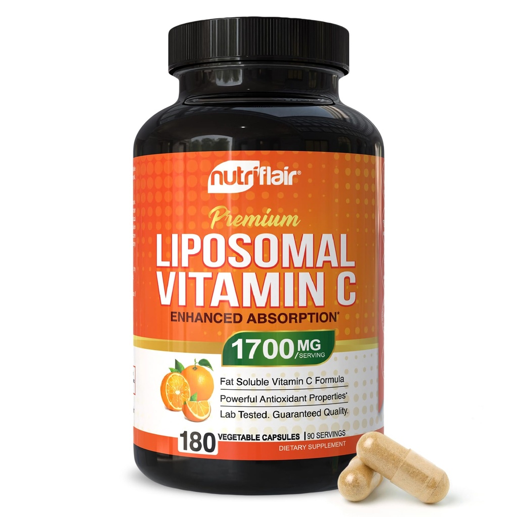 NutriFlair Liposomale Vitamine C 1700mg, 180 Capsules - Haute Absorption, Fat Soluble VIT C, Biodisponibilité plus élevée Système immunitaire Support et collagène Booster, Non-OGM, Pills végétaliens