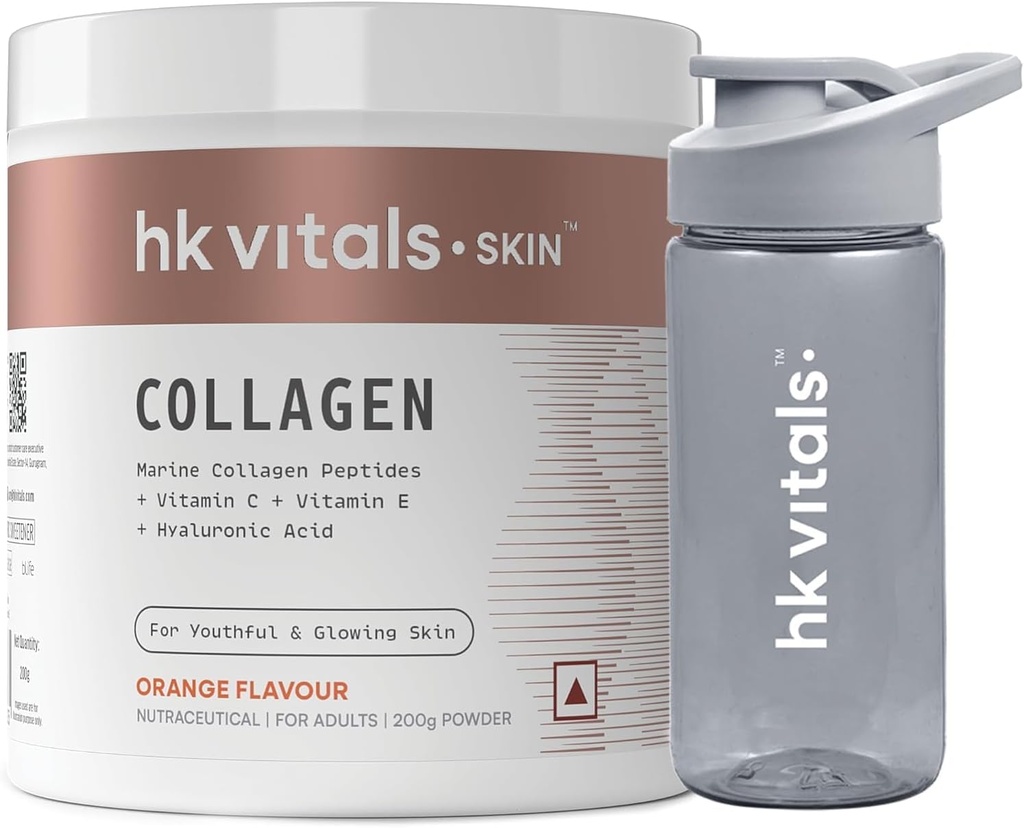 Genezing;thKart hk Vitals Marine Collagen Supplement (Orange, 200g) & Sipper Bottle (Grey, 300ml) Combo Pack met vitamine C & E 