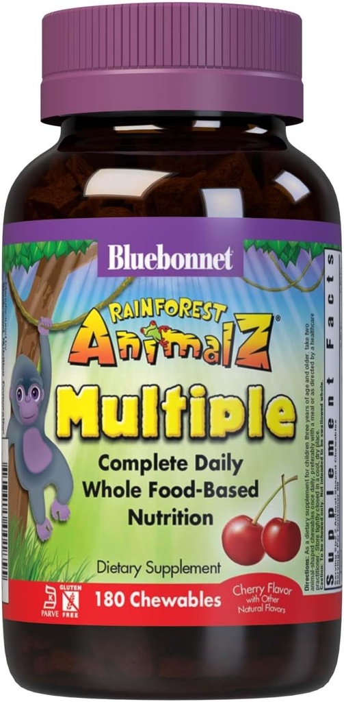 Bluebonnet Voeding Rainforest Animalz Whole Food Based Multiple Chewable Tablet, Kids Multivitamine & Mineraal, Vitamine C, D3, IJzer, Glutenvrij, Melkvrij, Kosjer, 180 Kauwtabletten, Kerssmaak