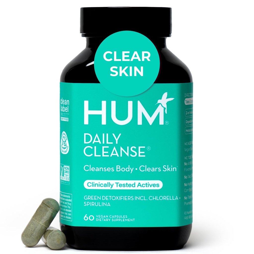 HUM Daily Cleanse Acne Supplementen voor vrouwen en mannen, Voorzichtige Digestieve Reiniging voor Heldere Huidondersteuning, Zink, Spirulina, Chlorella, Ontgiftende Kruiden, Biologische Algen, Huid Vitaminen Supplement, 60 Capsules