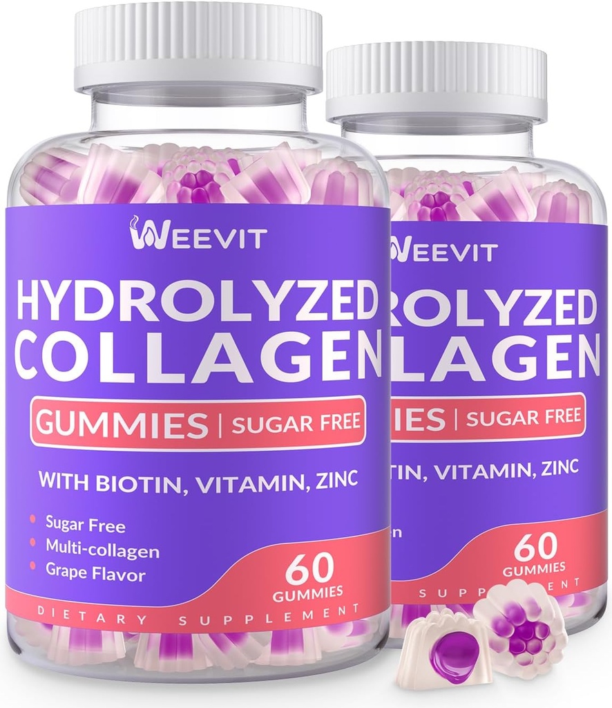 Suikervrije Gehydrolyseerde Collageen Gummies, Collageen Peptide Gummies for Women, Collageen Proteïne Type I,II,III,V,X met Biotine, Vitamine C, D, B12 voor Haarhuid Nagels