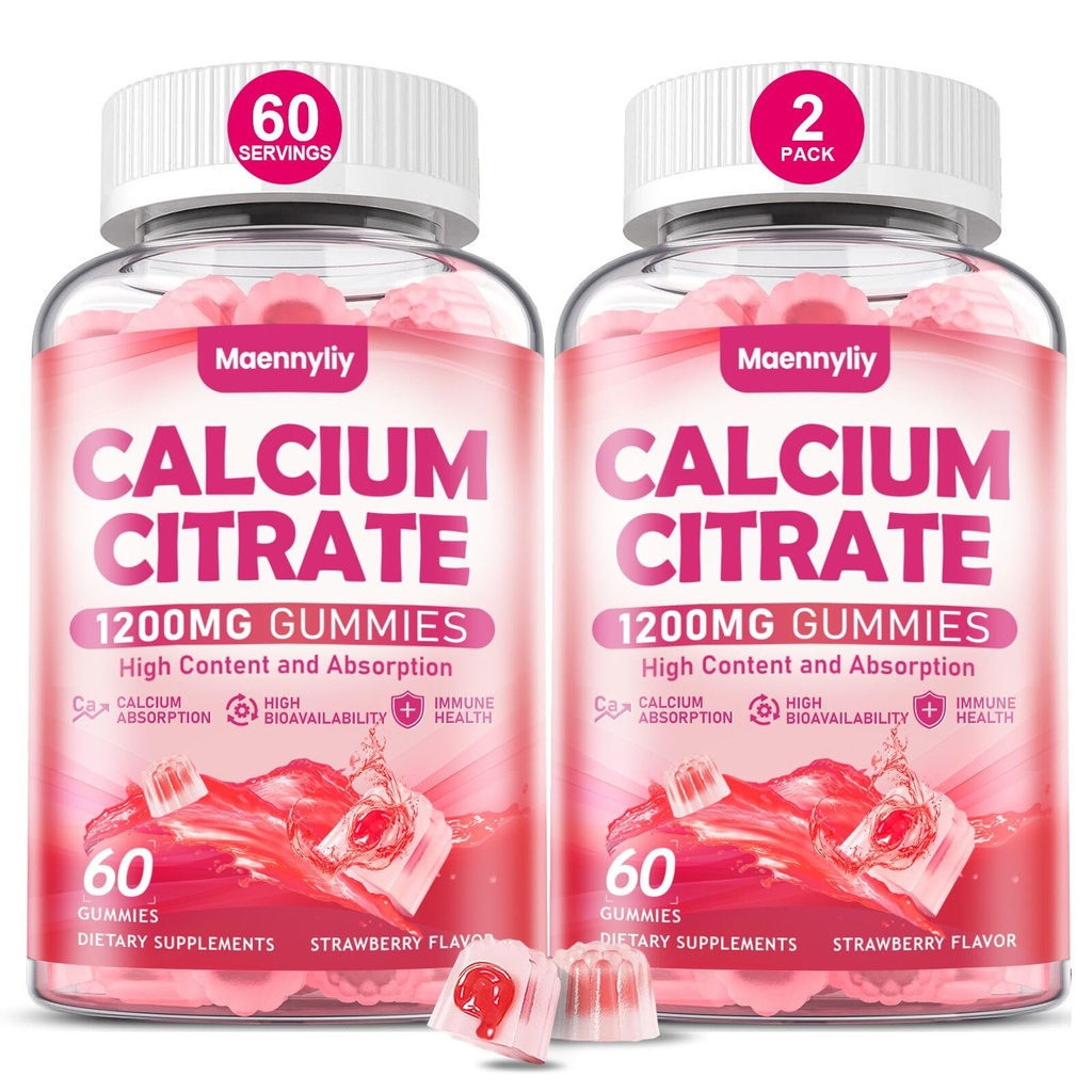 Calcium citraat Gummies 1200 mg voor volwassenen: Ultimate Absorptie Calcium Supplement voor vrouwen en mannen - Gemakkelijk te digen, Veganistisch, Non-GMO, Glutenvrij - Natuurlijke aardbeien smaak