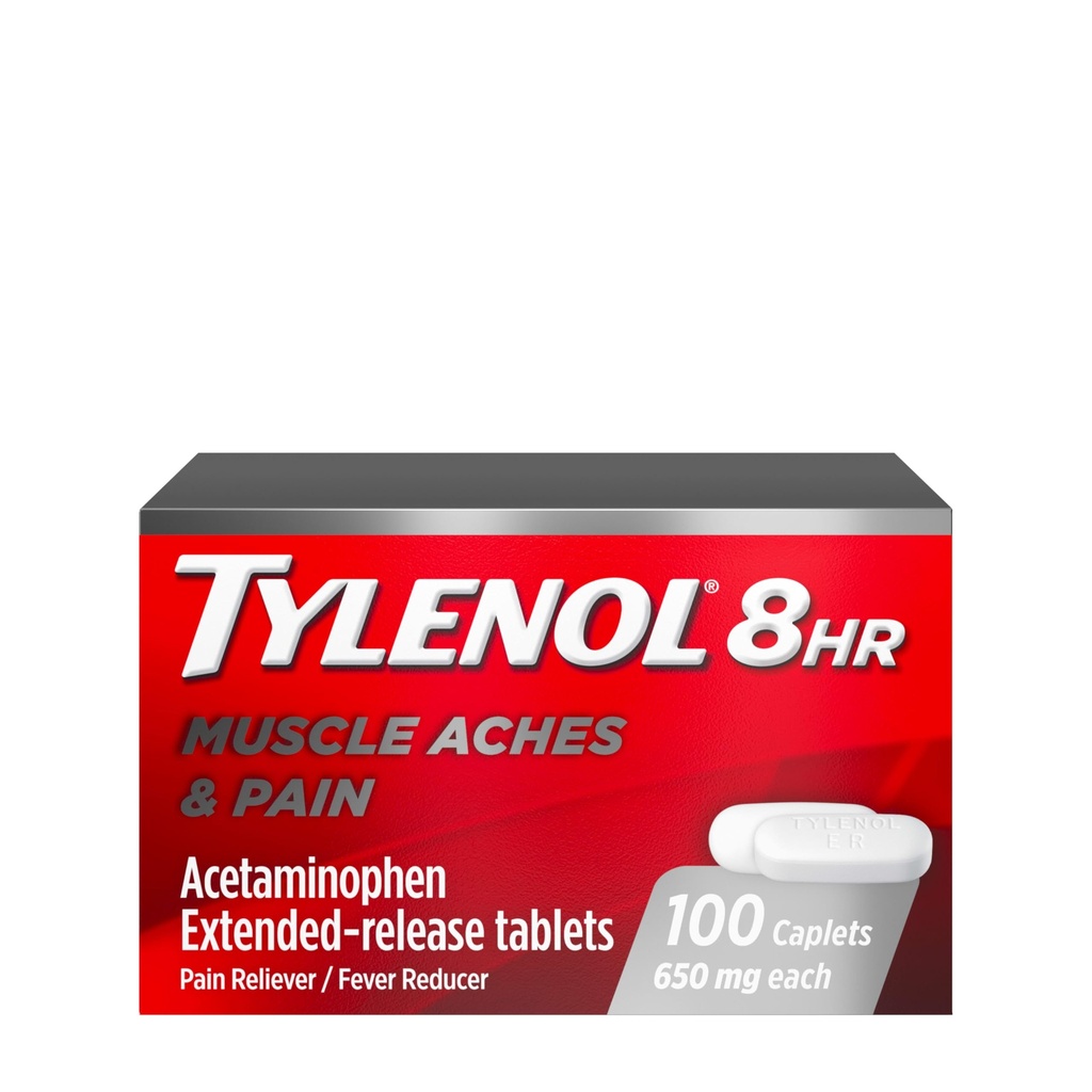 Tylenol 8 heures Acétaminophène 650 mg Caplets à libération prolongée, conception bi-layer à action rapide, soulagement rapide et long de la douleur pour les douleurs musculaires, articulaires, du dos et de l'arthrite, réducteur de fièvre, 100 Compte