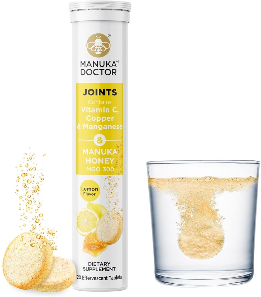 Manuka Doctor Joints* Dagelijkse Joint Support Supplement met Manuka Honing, Vitamine C, Koper & Mangaan ter bevordering van de gezamenlijke gezondheid, citroensmaak, 20 Bruistabletten