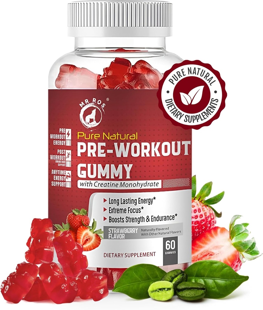 Pure Natural Pre-Workout Gummies met Creatine Monohydraat & Green Coffee Bean Extract - Energie, Focus, Endurance Boost, Aardbei smaak, 60 Gummies
