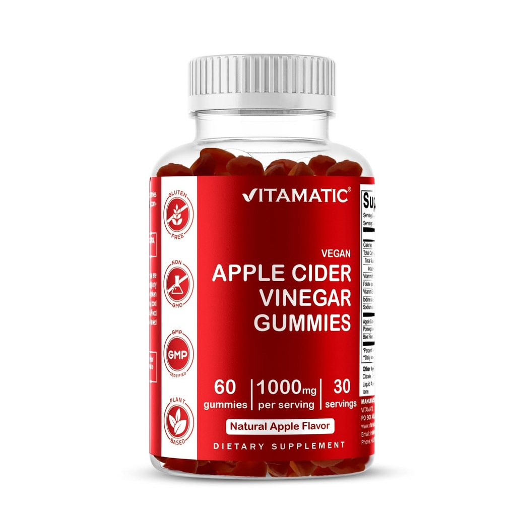 Vitamatic Apple Cider Vinegar Gummies - 1000mg per portie - 60 Vegan Gummies - ACV Gummies for Detox, Weight Loss Support, Energy Boost, Digestie & Gut Health