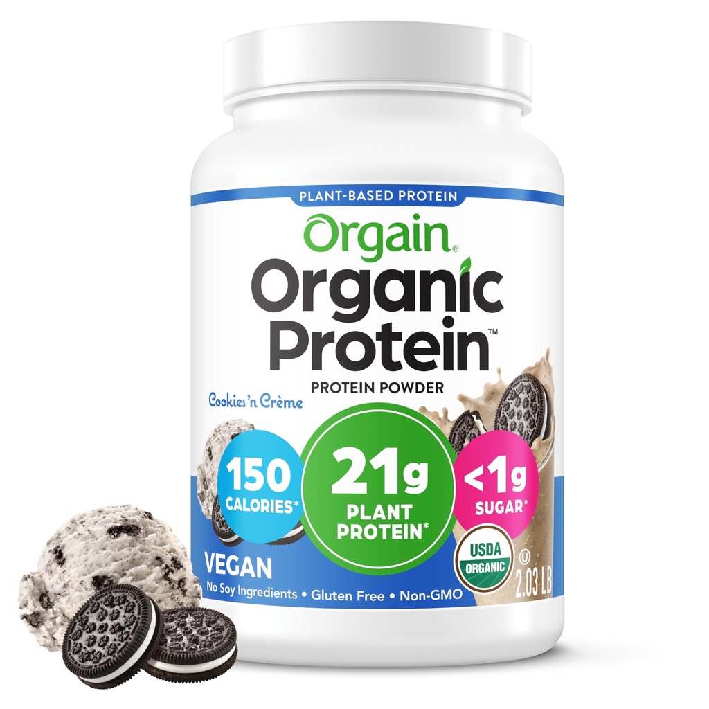 Orgaine de poudre de protéines végétales organiques, biscuits et crème - 21g de protéines végétales, 7g de fibre prébiotique, faible teneur en glucides, pas d'ingrédients de lactose, pas de sucre ajouté, non-OGM, pour Shakes & Smoothies, 2,03 lb