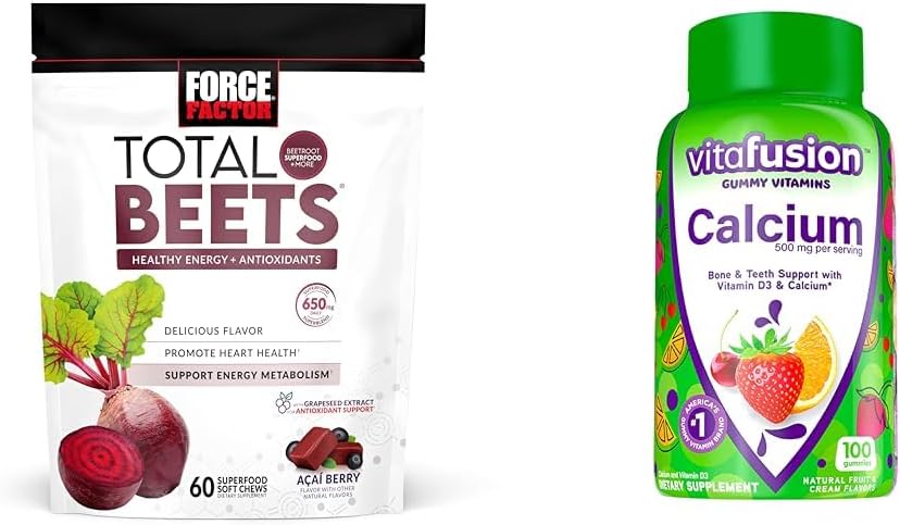 Force Factor Total Beets Chews for Heart Health with vitalusion Calcium Gummies for Bone & Teeth Support, 60 & 100 Count