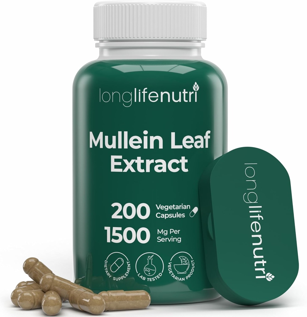 LongLifeNutri Mullein Leaf 1500mg 10:1 Extract - 200 Vegetarische Capsules, van biologische Mullein Leaf Powder, Herbal Supplement for Respiratory Care, 2-Month Supply, Non-GMO, GMP Certified, Made in USA
