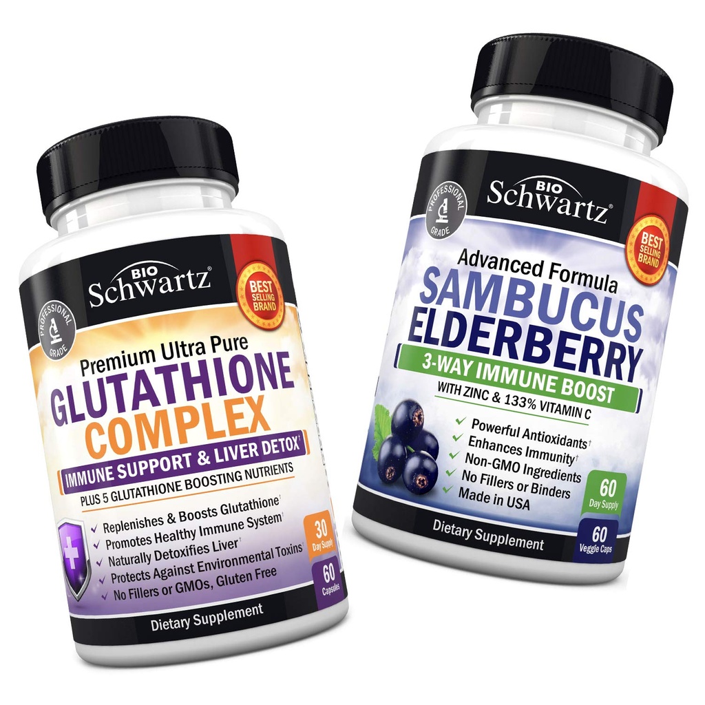 Glutathioncomplex met melkdistelextract, vitamine C & quercetine + Sambucus Vlierbessencapsules met zink en vitamine C - natuurlijke antioxidantformules - bevordert lever- en immuunondersteuning