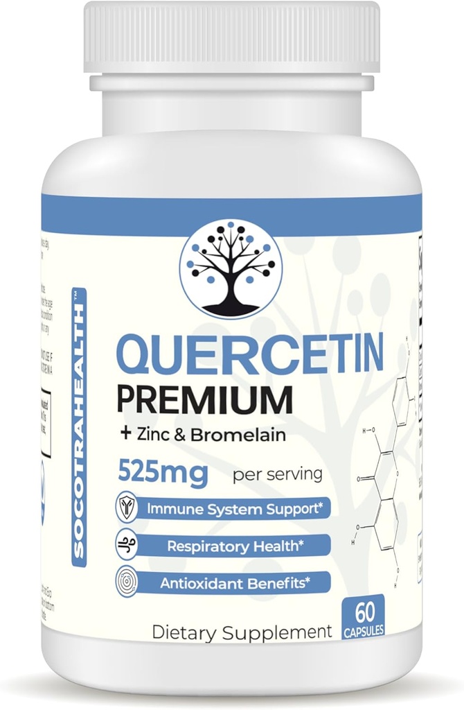 Quercetine Premium met zink en bromelaïne - Immuunsysteem en ademhalingsgezondheidsondersteuning - Antioxidantenvoordelen - Non-GMO, Glutenvrije - 60 Vegan Capsules