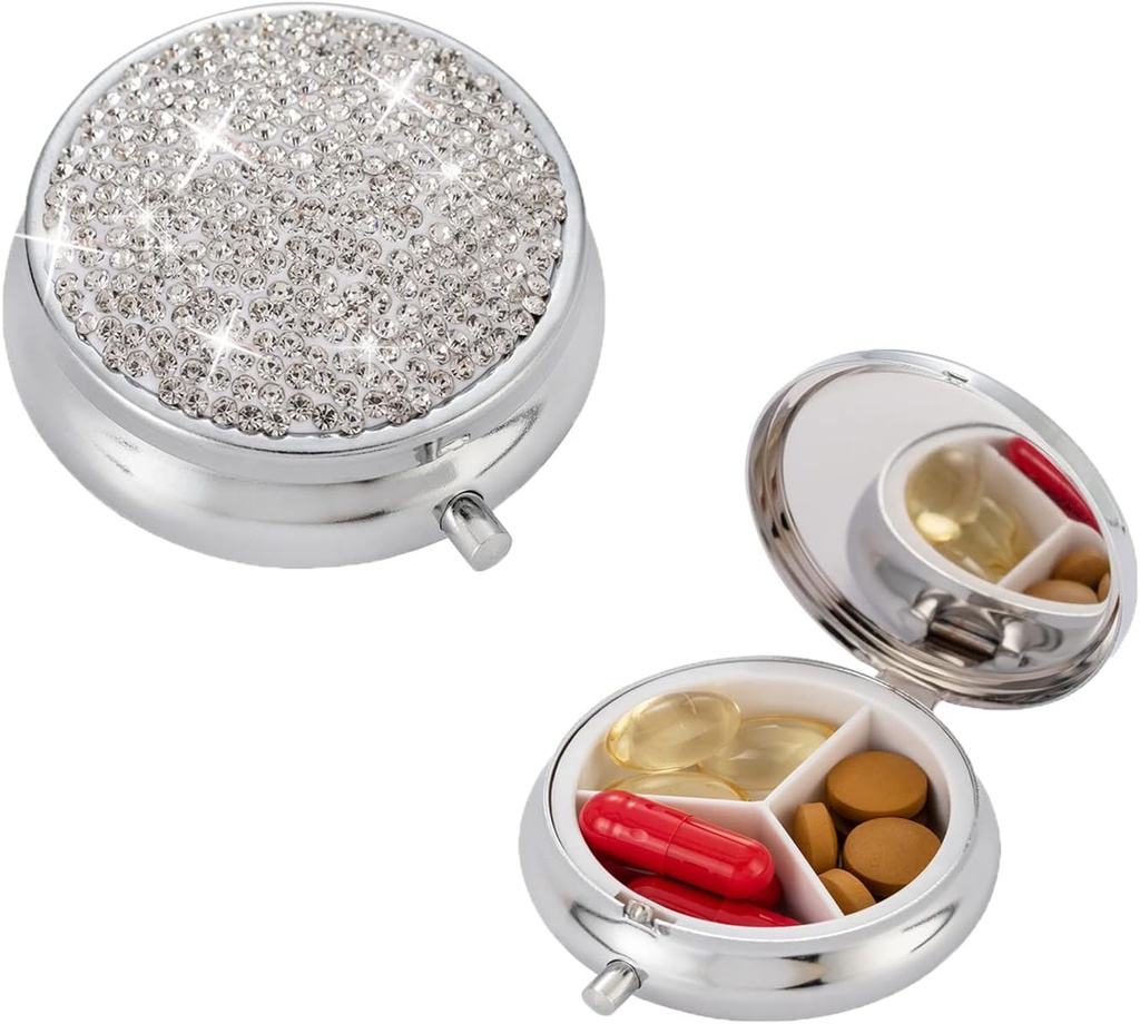 Bling Pill Box, 3 Compartiment Medicine Pill Case Holder, Bling Crystal Rhinestones Waterdichte Pocket Pill Case ound Medicine Organizer voor Vitamine/Fish Oils/Supplement. (Zilver)