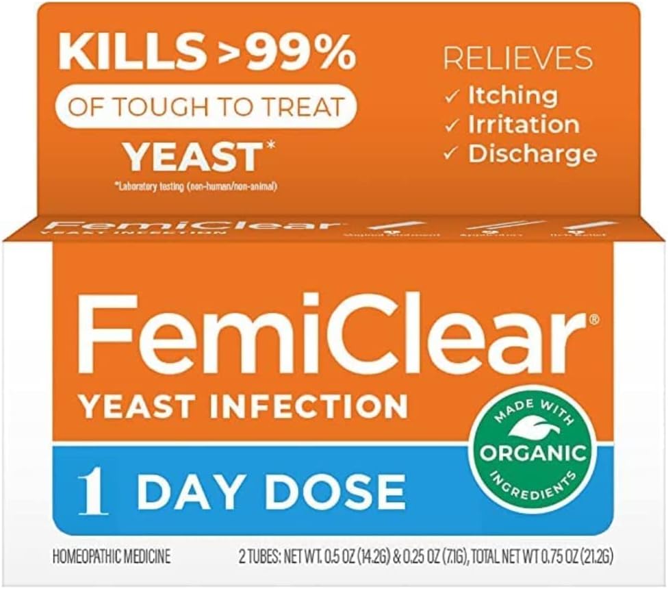 FemiClear 1-Dags dosis Gistinfectie Gistinfectie Ontbreken Homeopathische oplossing voor Vrouwelijke Gezondheid Gistinfectie Zalf, 1 Applicator en 0,5oz Zalf