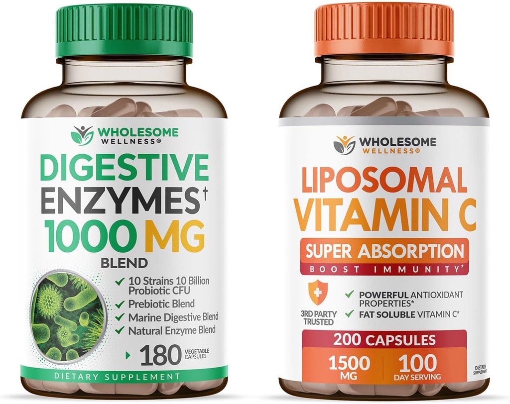 Gezonde Wellness Digestieve Enzymen 1000MG Plus Prebiotica & Probiotica + Liposomale Vitamine C Capsules (200 Pillen 1500mg Gebufferd) Bundel