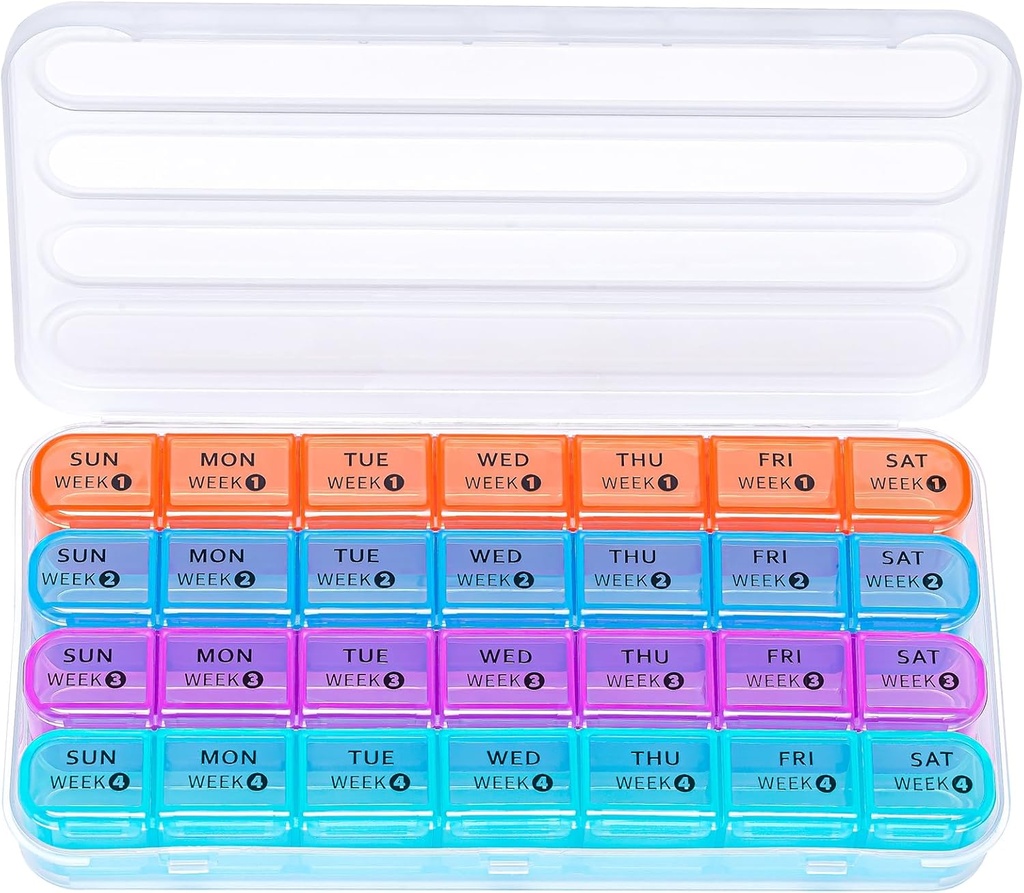 Zoksi Monthly Pill Organizer 28 Jour 1 fois par jour, Grand 4 Semaines Pill Box Organizer, Dust-Proof Un mois Pill Case, Voyage Medicine Organizer Mensuel, Portable Pill Container for Vitamines and Meds