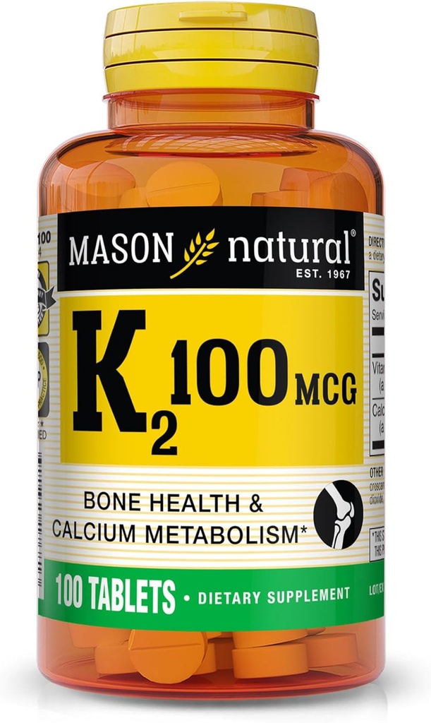 MASON NATUURLIJKE Vitamine K2 100 mcg met Calcium, ondersteunt bot, hart en spier gezondheid, 100 tabletten
