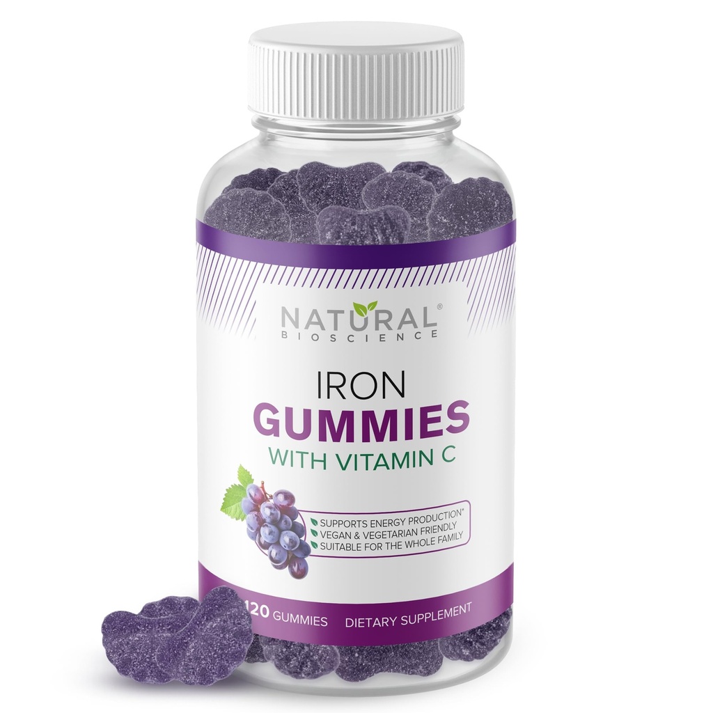 Gommies de fer avec vitamine C - Supplément d'anémie de carence en fer pour les adultes et les enfants, Chewable, soutien de globules rouges, énergie, fonction immunitaire, santé du cerveau, absorption maximale, 120 Gommies végétaliens