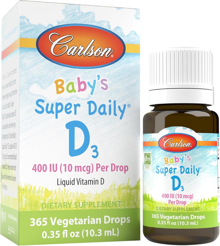 Carlson - Baby's Super Daily D3, Baby Vitamine D gouttes, 400 UI (10 mcg) par goutte, 1 an d'approvisionnement, Végétarien, Vitamine D liquide pour les nourrissons et les tout-petits, Sans saveur, 365 gouttes