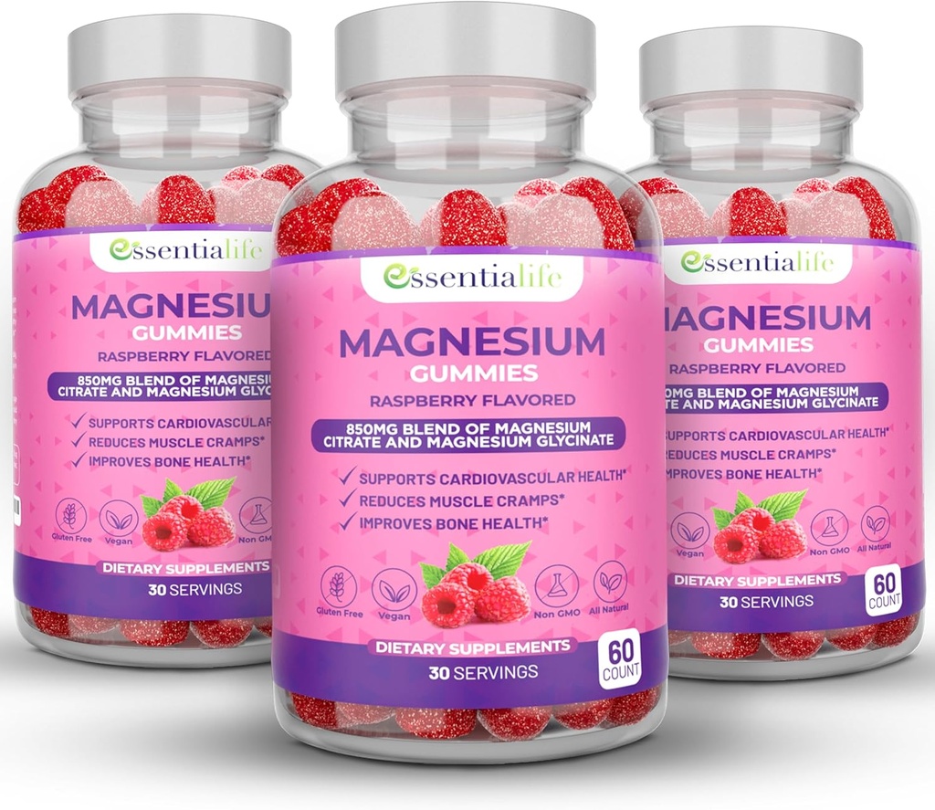 Magnesium Gummies 3 Packs Essentialife 100mg Per portie - Blend of Magnesium Citraat & Magnesium Glycinate - Ondersteunt spijsvertering - Kalm blijven en wakker worden Energiek met Magnesium Supplementen voor slaap