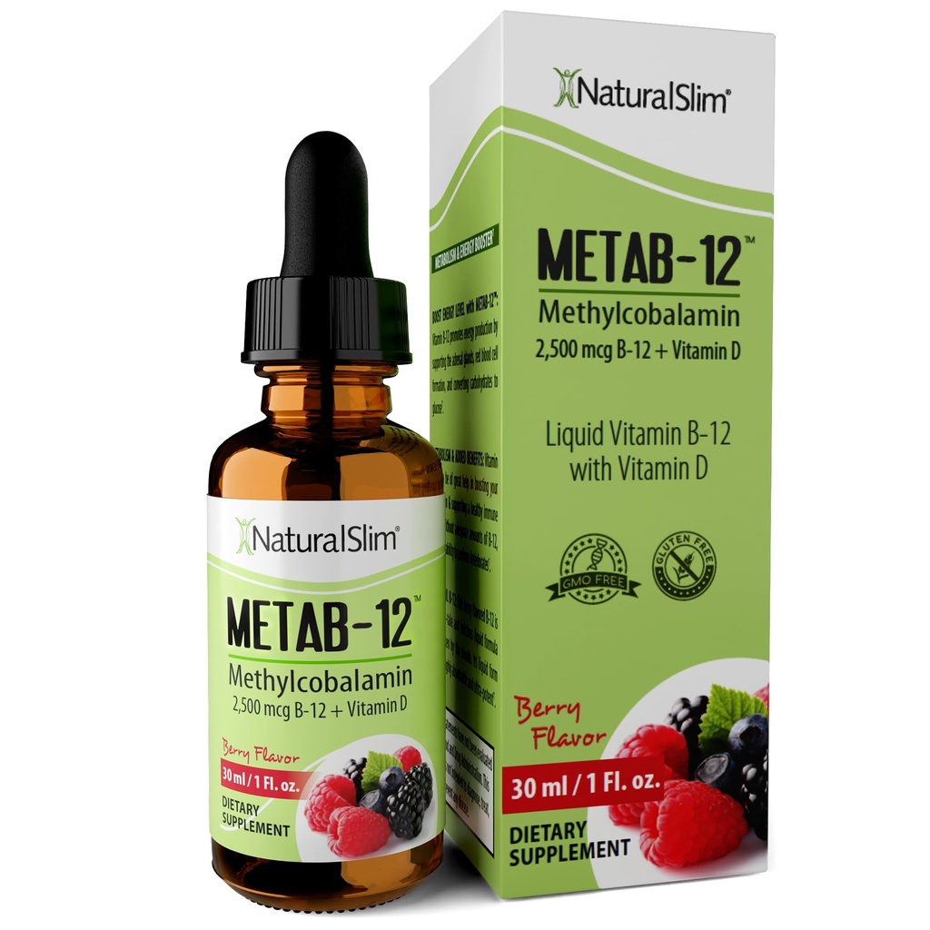 NaturalSlim Liquid B12 Vitamines avec vitamine D - Métab-12 méthylcobalamine 2500 mcg B12 Gouttes sublinguales pour le métabolisme, l'énergie et l'immuno-support - Berry Flavor 1 fl oz