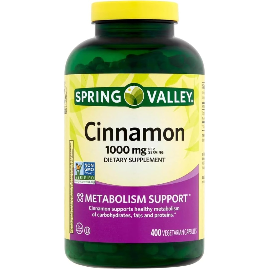 Spring Valley Cinnamon Dieetsupplement, 1000 mg, 400 Vegetarische Capsules - Voedingsondersteuning. Inclusief Sticker.