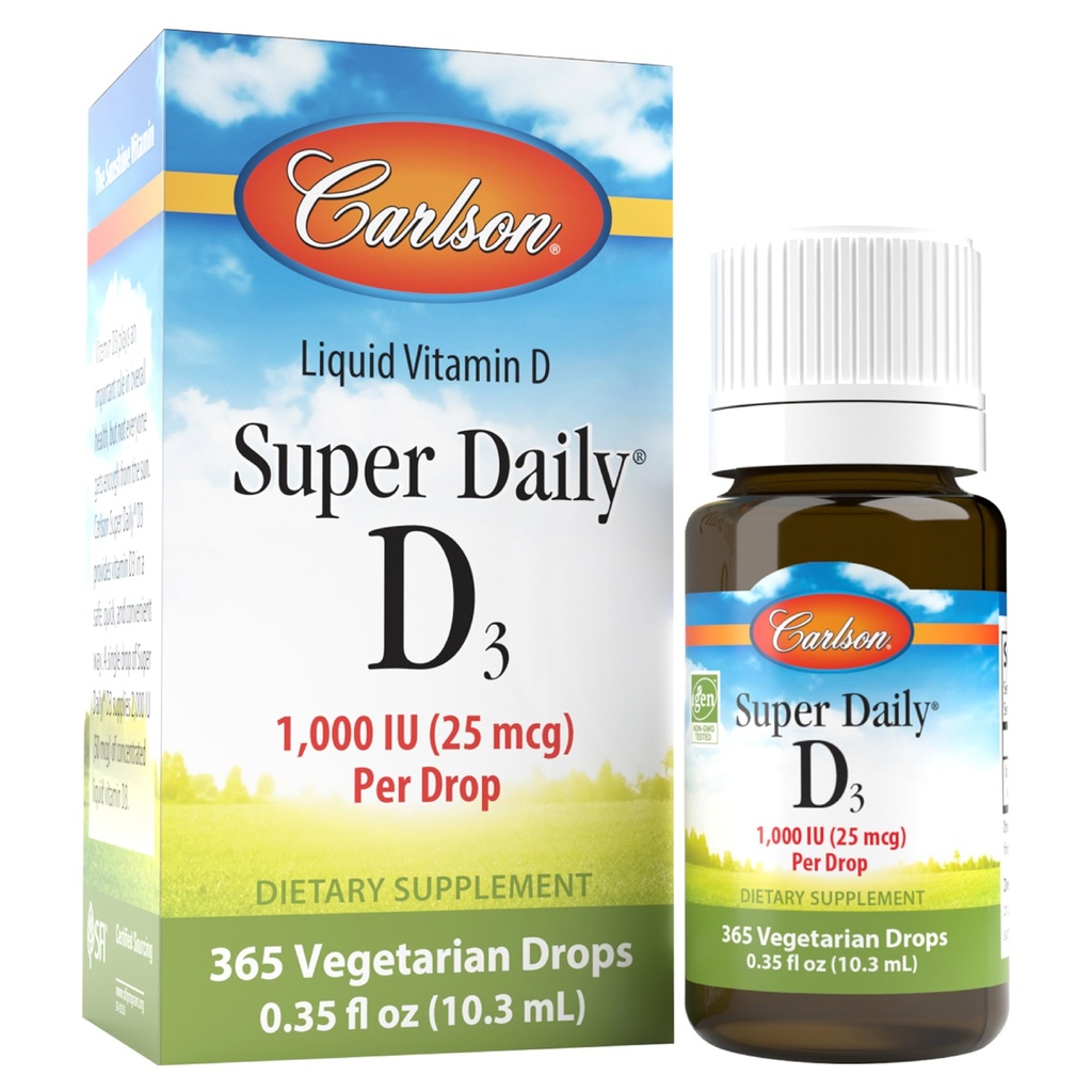 Carlson - Super Daily D3, Vitamine D druppels, 1.000 IE (25 mcg) per druppel, 1-jaar supply, Vitamine D3 Liquid, Heart & Immune Health, Vegetarische, Liquid Vitamin D3 druppels, Unflavored, 365 druppels