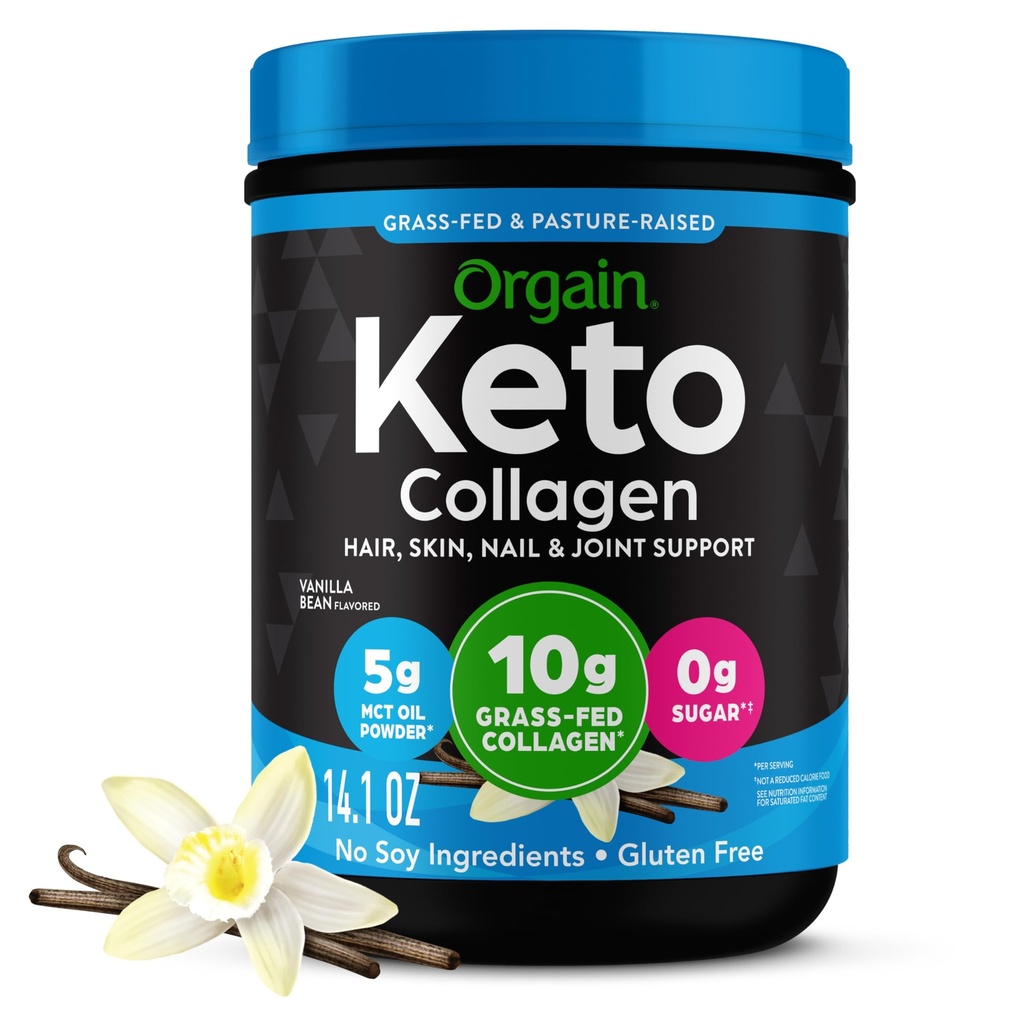 Orgaine de poudre de protéines de collagène kéto, Vanille - 10g de peptides de collagène hydrolysés à l'herbe pour les femmes et les hommes, Type I et III, huile MCT 5g - cheveux, peau, ongles et soutien articulaire, non-OGM, sans gluten - 0,88lb