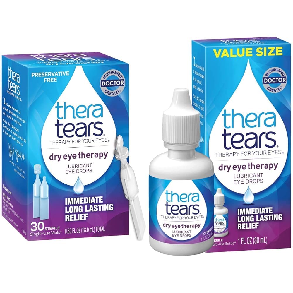 TheraTears droge oogtherapie Smeer Oogdruppels voor droge ogen, bewaarvrije oogdruppels, 30 flacons voor eenmalig gebruik en droge oogtherapie Oogdruppels voor droge ogen, 1,0 Fl Oz
