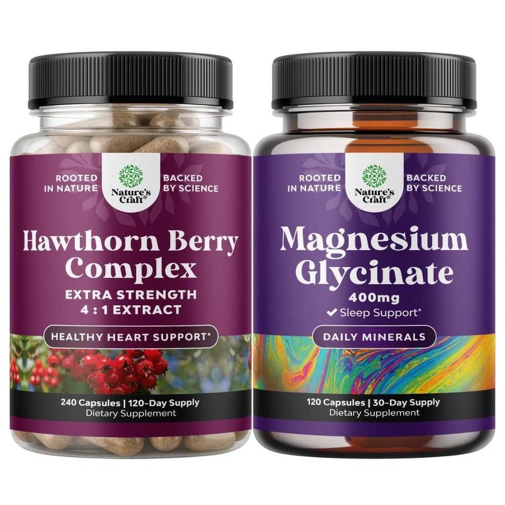 Natures Craft Bundle of Extra Strength Hawthorn Berry Capsules - Extract Digestie en Hart Gezondheid Supplement en Pure Magnesium Glycinate 400 mg per portie voor slaap en ontspanning