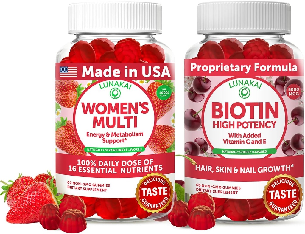 Lunakai USA Made Women Multivitamin & Biotin Gummies Bundle – Énergie et cheveux, peau, soutien des ongles – naturellement aromatisé – 60 Gummies non OGM