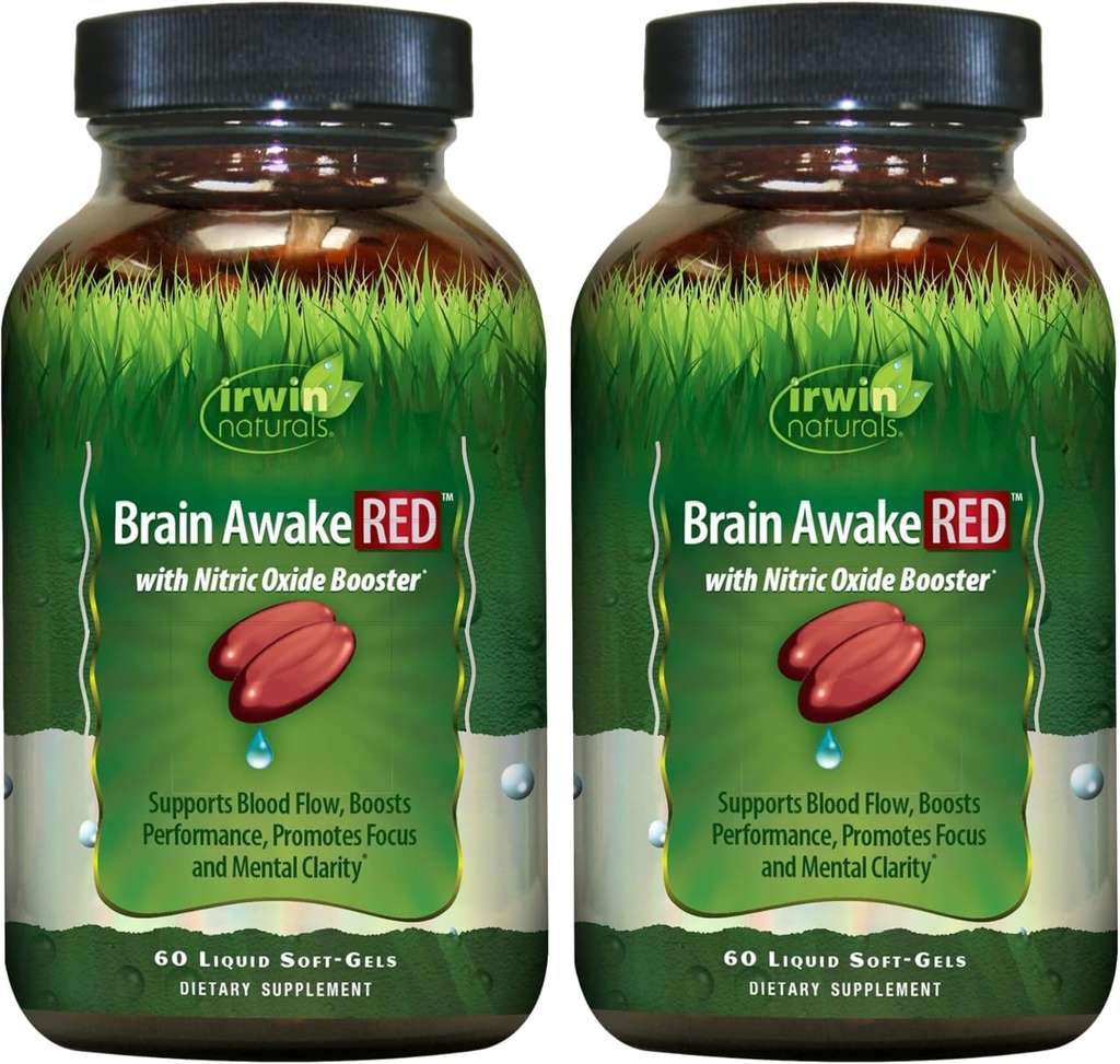 Irwin Naturals Brain Awake RED met Nitric Oxide Booster - 60 Liquid Soft-Gels, Pack of 2 - Support Brain Health & Optimize Performance - 40 Total Servings