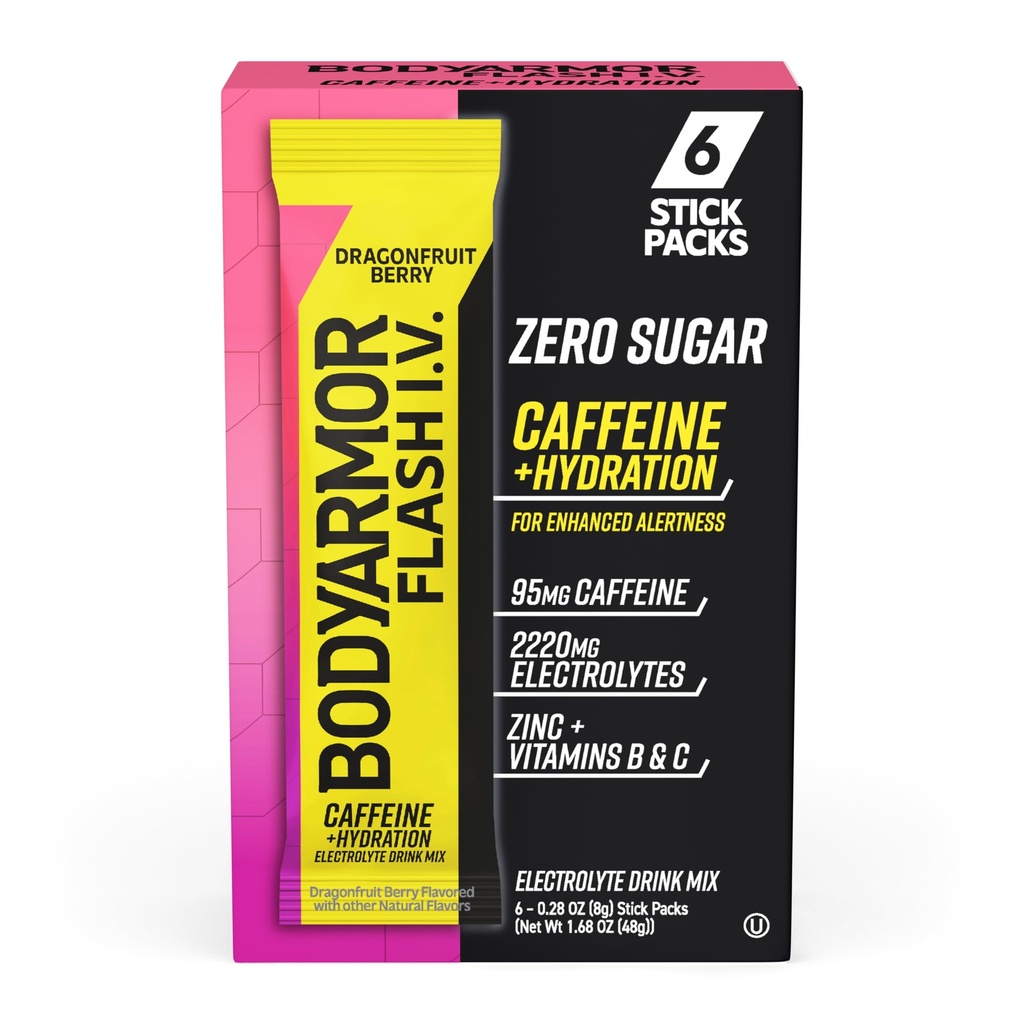BODYARMOR Cafeïnated Flash I.V. Electrolyte Packets - Dragonfruit Berry - Zero Sugar Energy Drink Mix, Single Serve Packs, Hydration for Pre Workout, Travel Essentials, Active Lifestyle (6 telling)