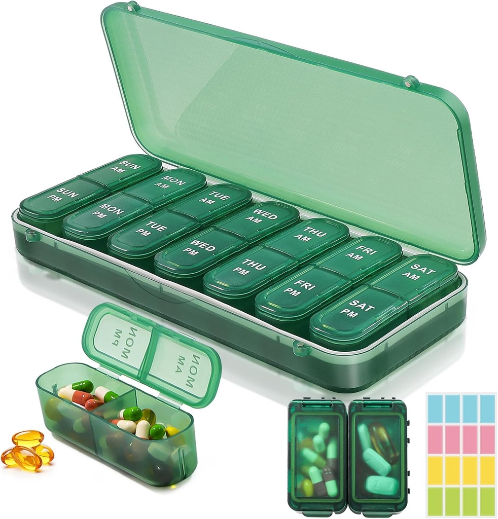 Weekly pil Organizer 2 keer per dag + 2 afneembare pil Organizers kit - AM PM Travel pil Organizer voor Vitamine Geneeskunde Supplement Fish Oil, Green Daily Pill Case 2 keer per dag