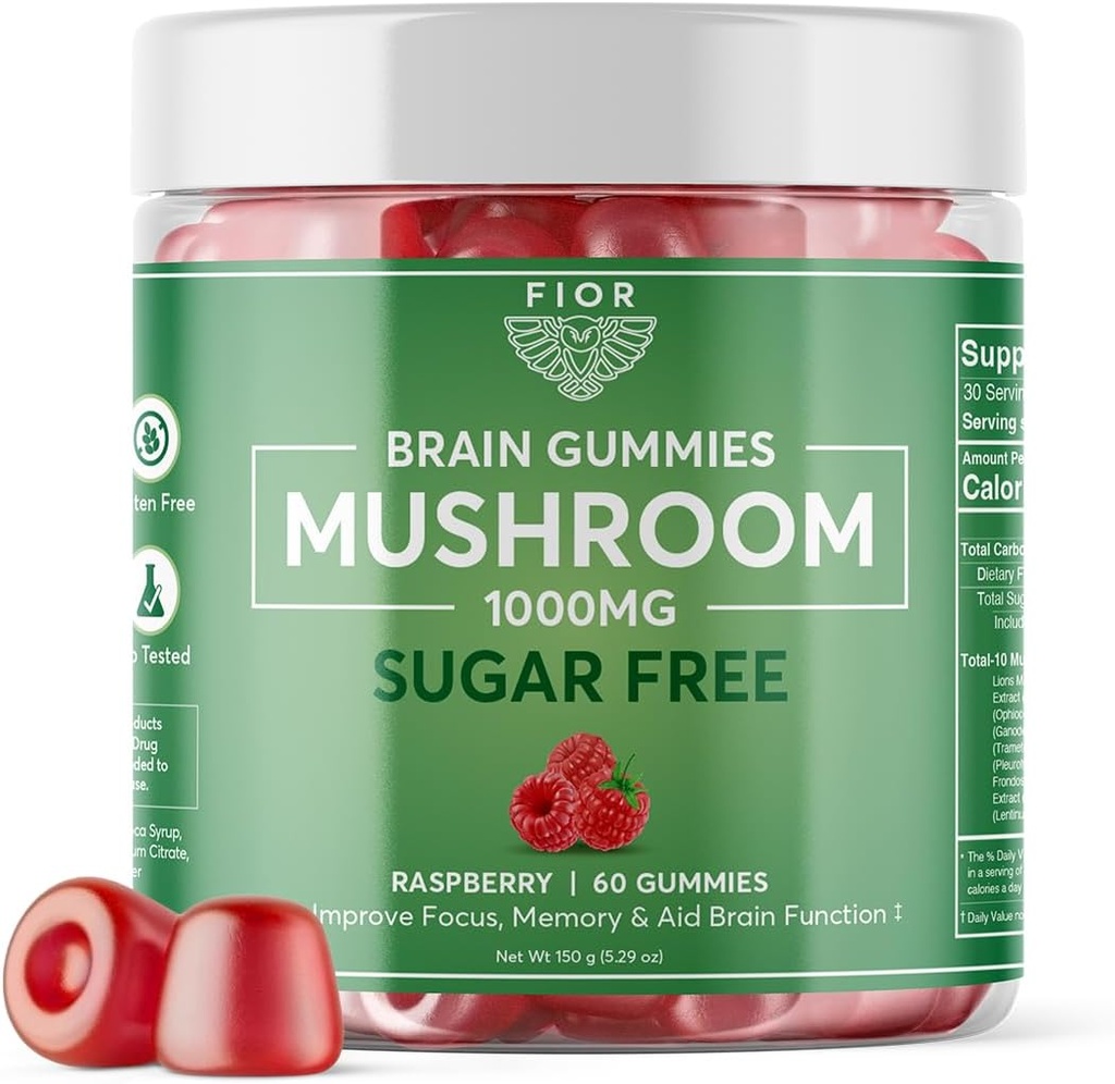 FIOR Natuurlijk Sugar-Free Mushroom Gummy Total Mushroom Blend Supplement, 60 Count, Multi Mushroom Complex, Lions Mane, Chaga, Cordyceps, Reishi, Turkije staart, Maitake, Shiitake, Koning Trompet