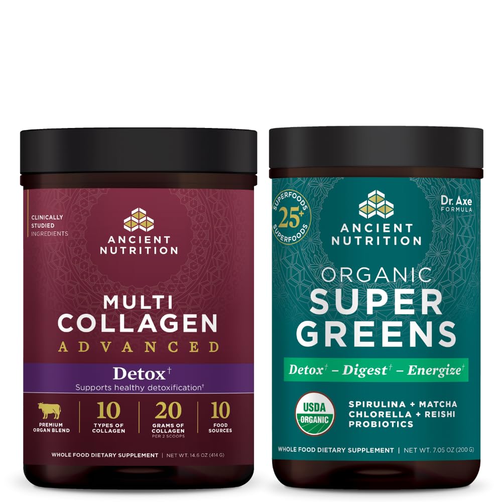 Ancient Nutrition Multi Collageen Advanced Powder Cleanse & Detox, Unflavored, 36 Servings + Organic SuperGreens Powder, Greens Flavor, 25 Servers