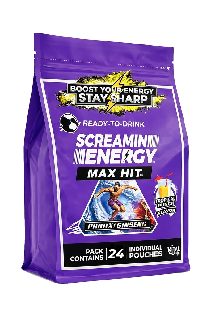 Scremin Energy Max Hit Tropical Punch Flavor - Puissance maximale sans sucre avec Ginseng, B vitamines et caféine - 24 Compte