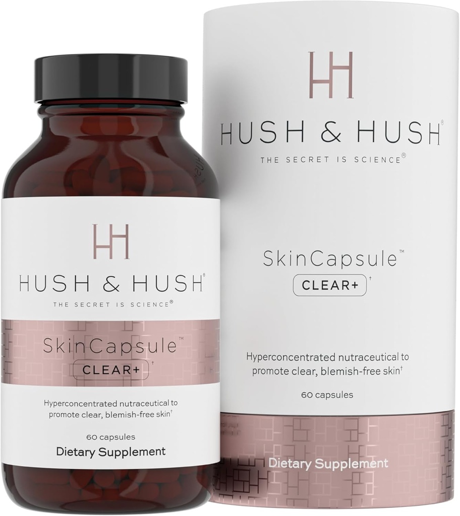 Hush & Hush SkinCapsuleTM Clear+, Skin Care Supplement, Vegan, Acne Behandeling voor gezicht, Clean Nutraceutical Supplementen die vitamine A bevat, Kurkuma, Dandelion Root, Zink - 60 Capsules