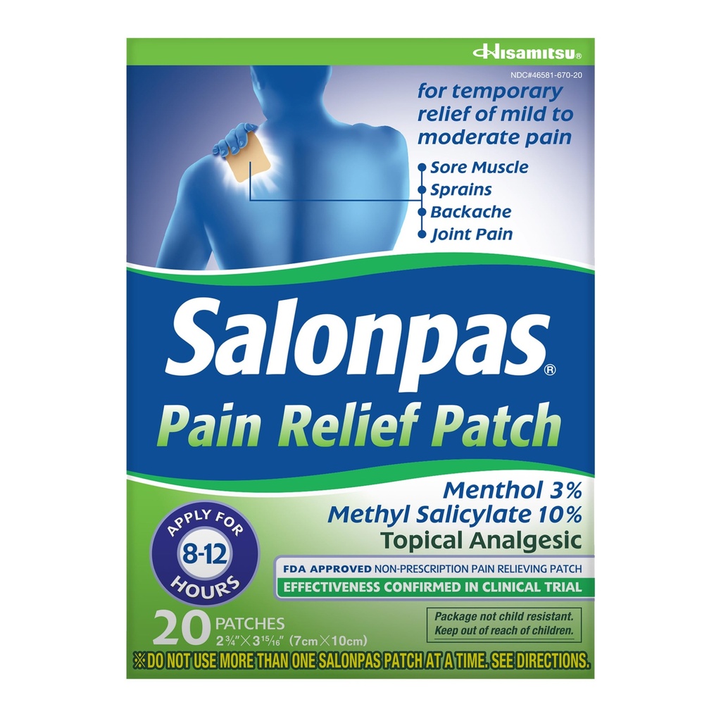 Salonpas Pain Relief Patch, 20 Count (pack of 1), Tot 12 uur tijdelijke verlichting van milde tot matige pijn, rugpijn, pijnlijke spieren, verstuikingen, blauwe plekken