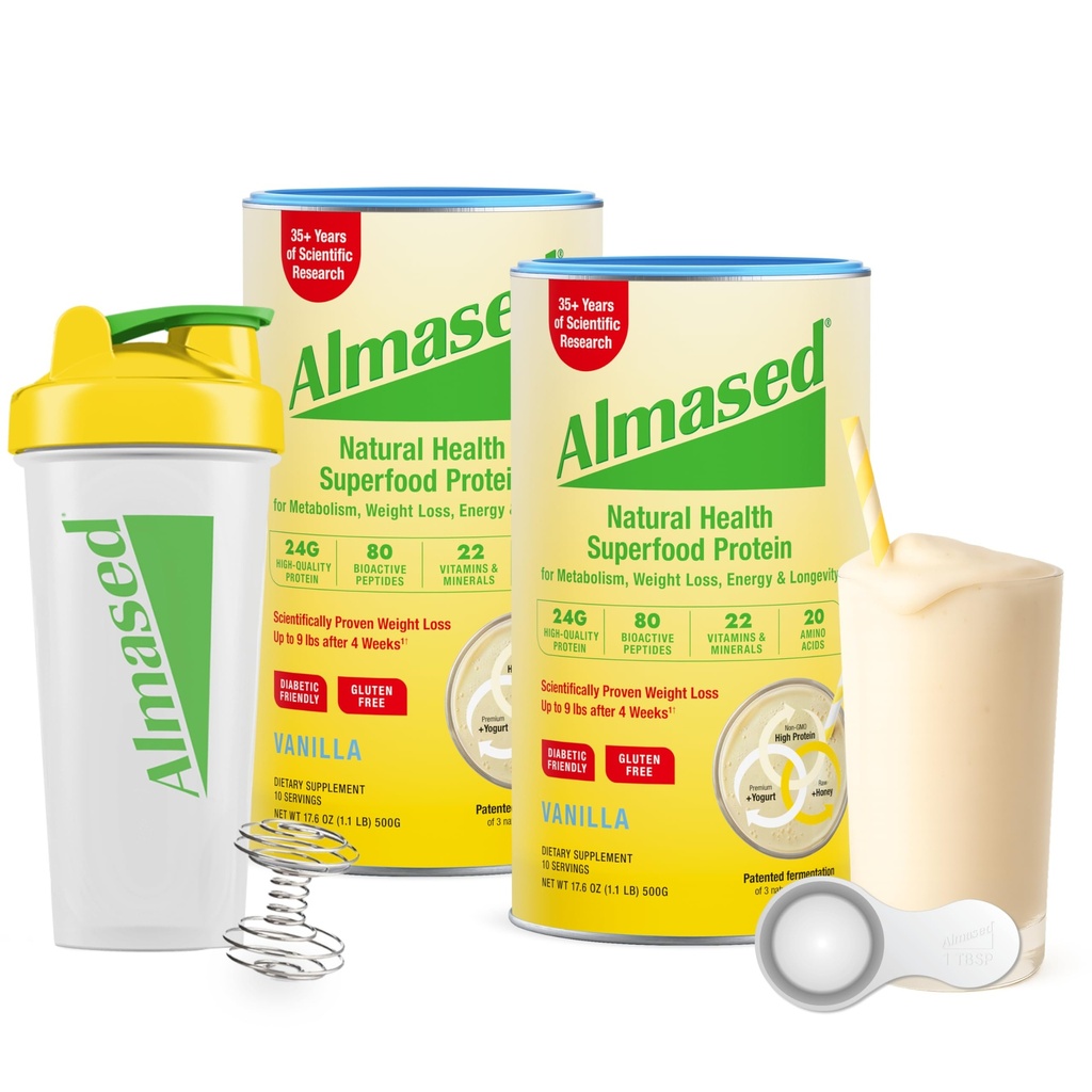 Almased Maaltijd Vervangingsshakes voor gewichtsverlies - Proteïnepoeder - Starter Kit (Amandel Vanille smaak, 2 blikken van 17,6 oz + Shaker Bottle + Scoop)