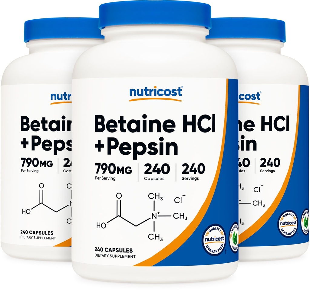 Nutricost Betaine HCl + Pepsin 790mg, 240 Capsules, 3 Flessen (720 Capsules)