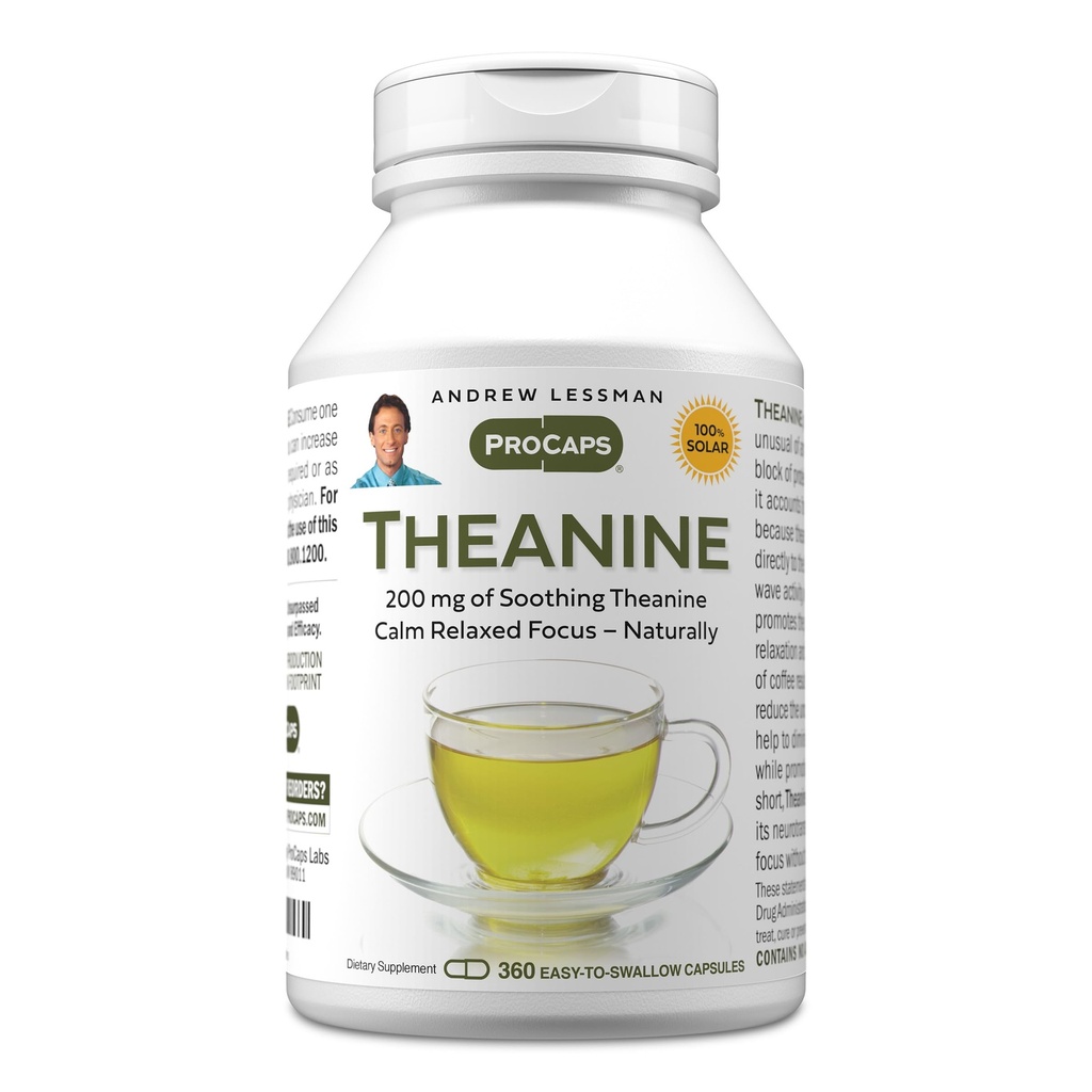 ANDREW LESSMAN Theanine 200 mg - 360 capsules - Promoot de productie van de Neurotransmitters Dopamine en serotonine. Natuurlijke rust, ontspannen focus zonder slaap. Makkelijk te slikken capsules.